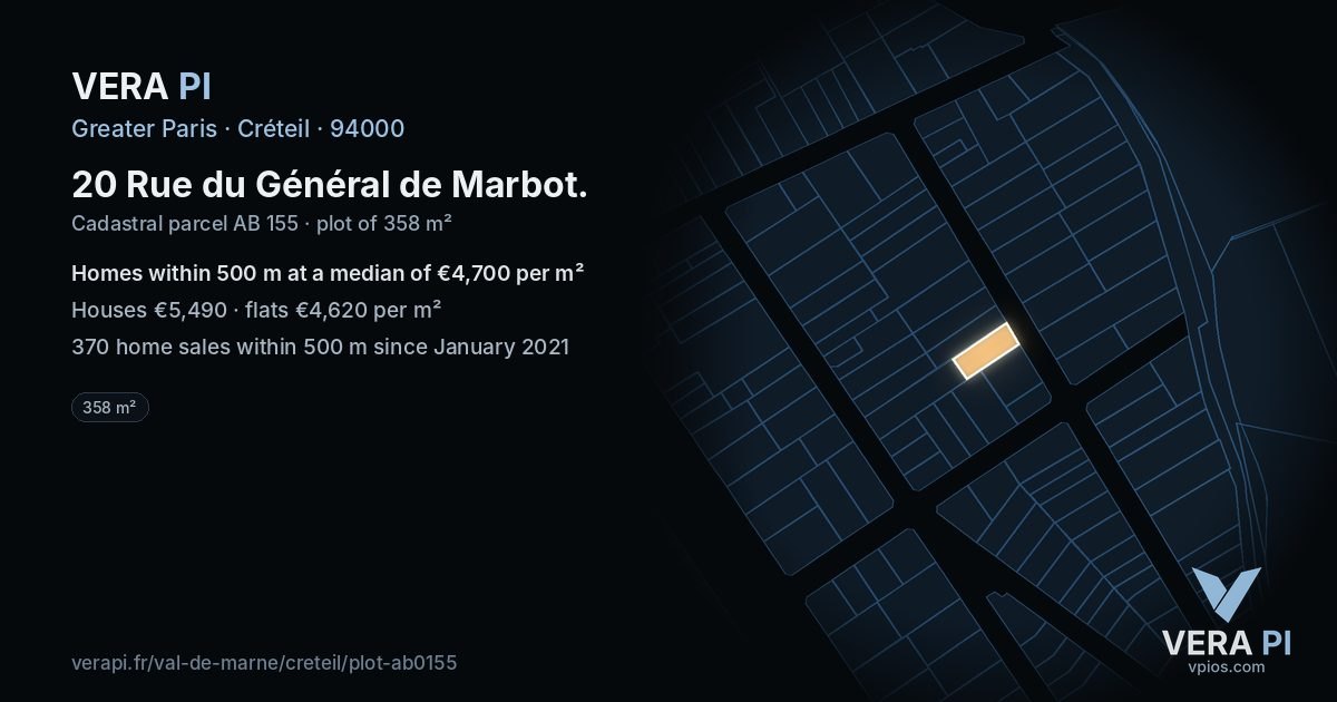 20 Rue du Général de Marbot, Créteil at night – the plot lit, the parcels around coloured by the prices near them