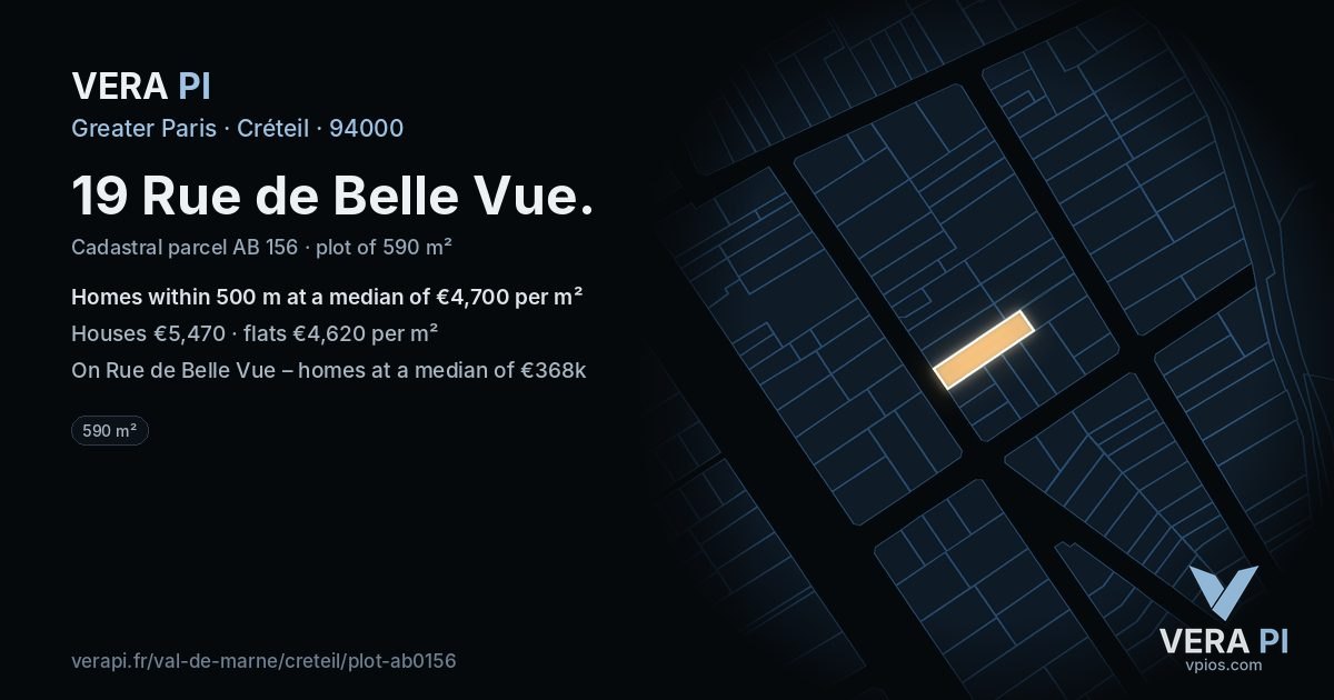 19 Rue de Belle Vue, Créteil at night – the plot lit, the parcels around coloured by the prices near them