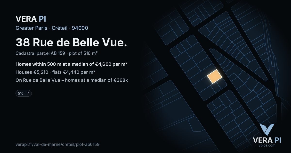 38 Rue de Belle Vue, Créteil at night – the plot lit, the parcels around coloured by the prices near them