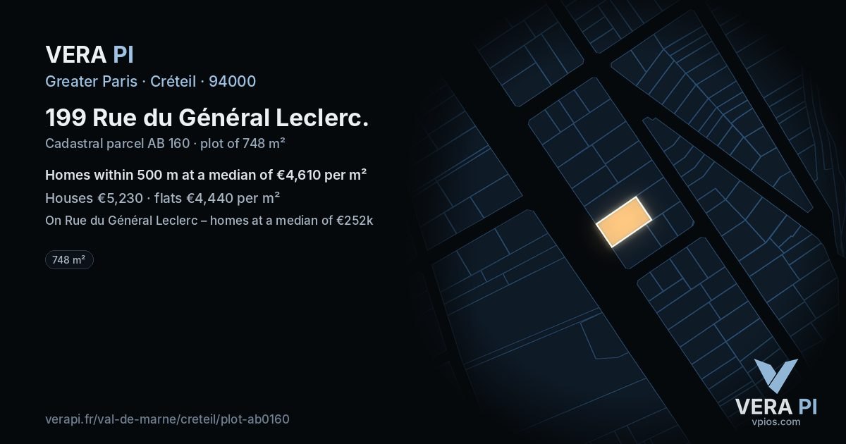 199 Rue du Général Leclerc, Créteil at night – the plot lit, the parcels around coloured by the prices near them