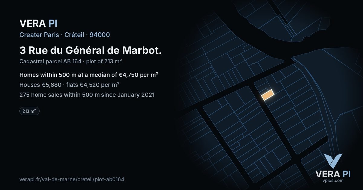 3 Rue du Général de Marbot, Créteil at night – the plot lit, the parcels around coloured by the prices near them