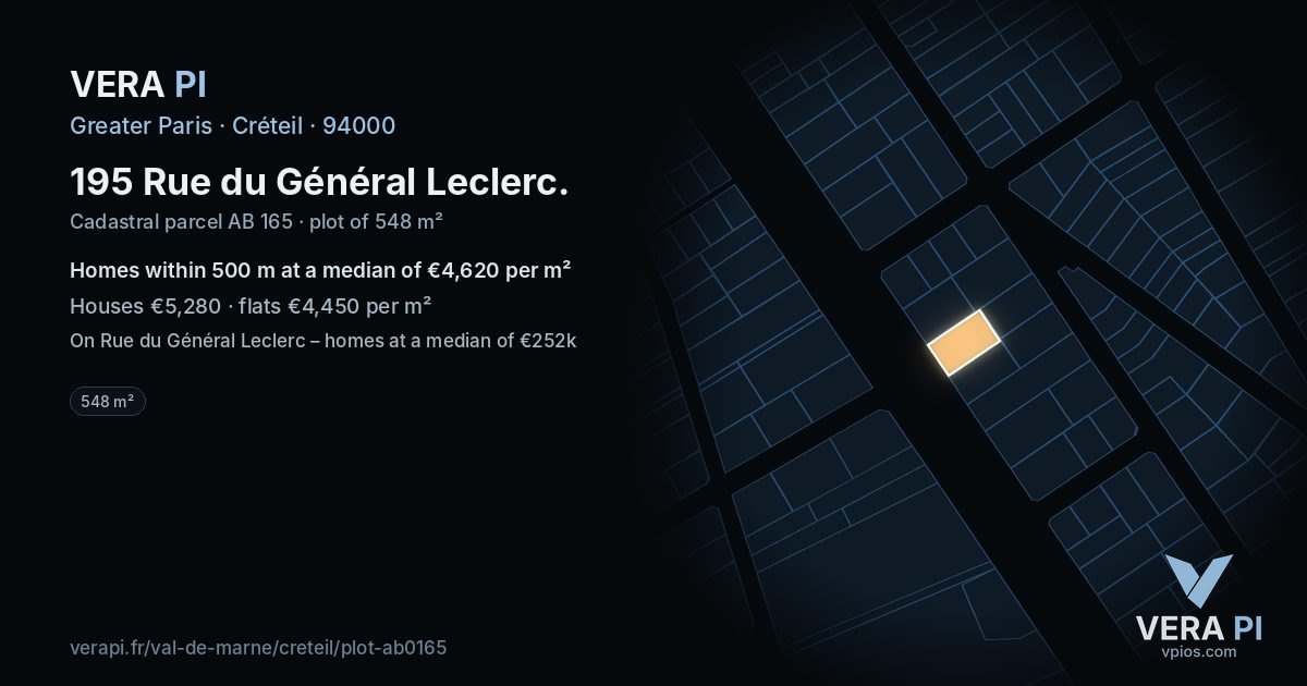 195 Rue du Général Leclerc, Créteil at night – the plot lit, the parcels around coloured by the prices near them