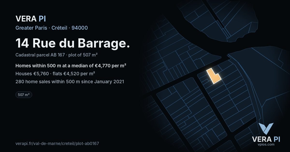 14 Rue du Barrage, Créteil at night – the plot lit, the parcels around coloured by the prices near them