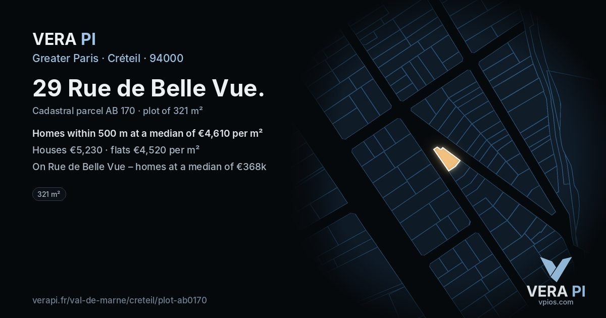 29 Rue de Belle Vue, Créteil at night – the plot lit, the parcels around coloured by the prices near them