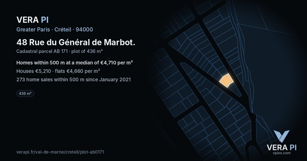 48 Rue du Général de Marbot, Créteil at night – the plot lit, the parcels around coloured by the prices near them