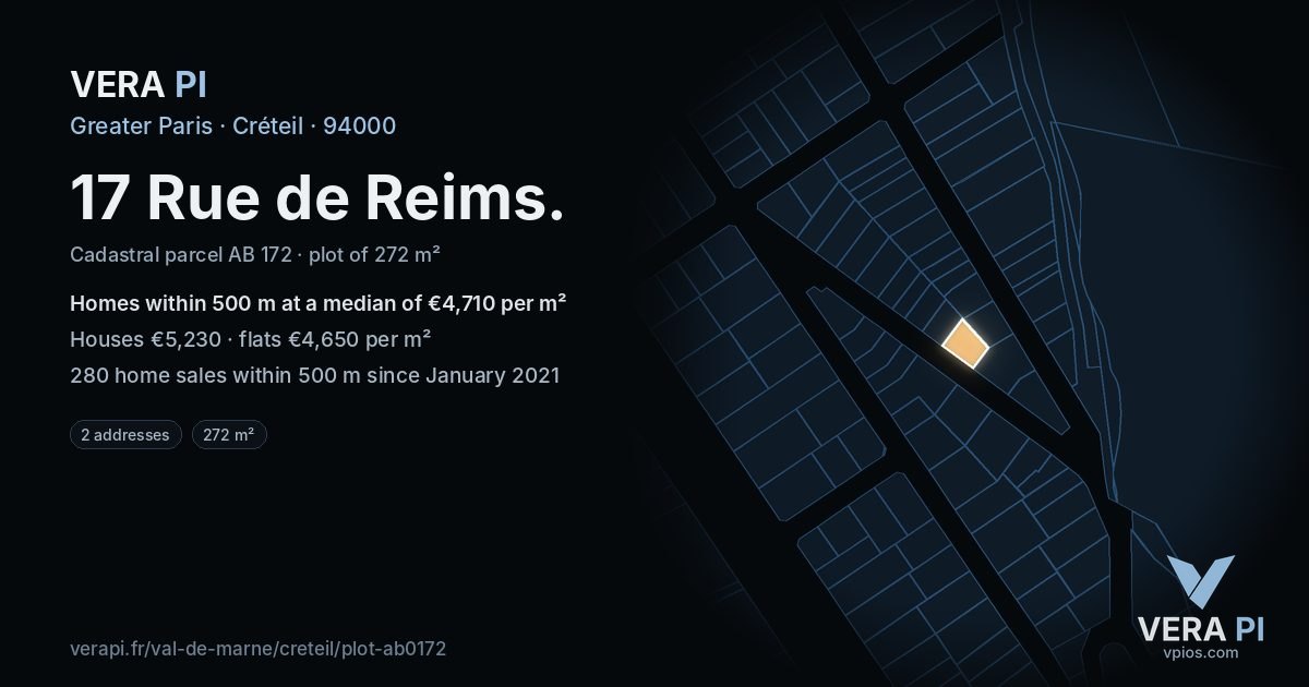 17 Rue de Reims, Créteil at night – the plot lit, the parcels around coloured by the prices near them