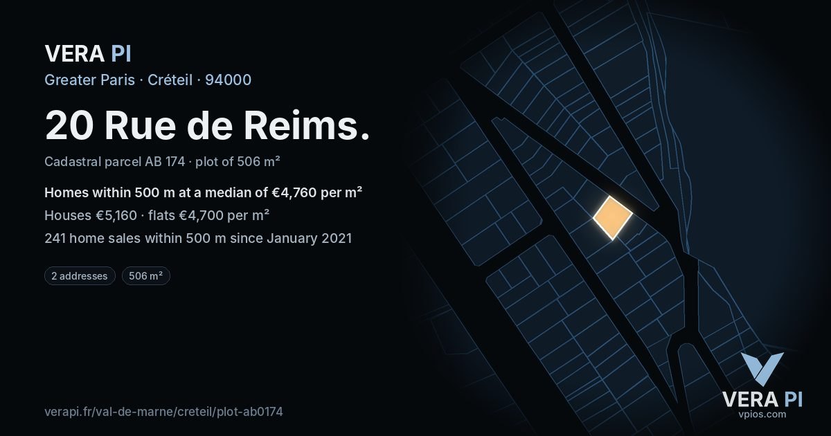 20 Rue de Reims, Créteil at night – the plot lit, the parcels around coloured by the prices near them