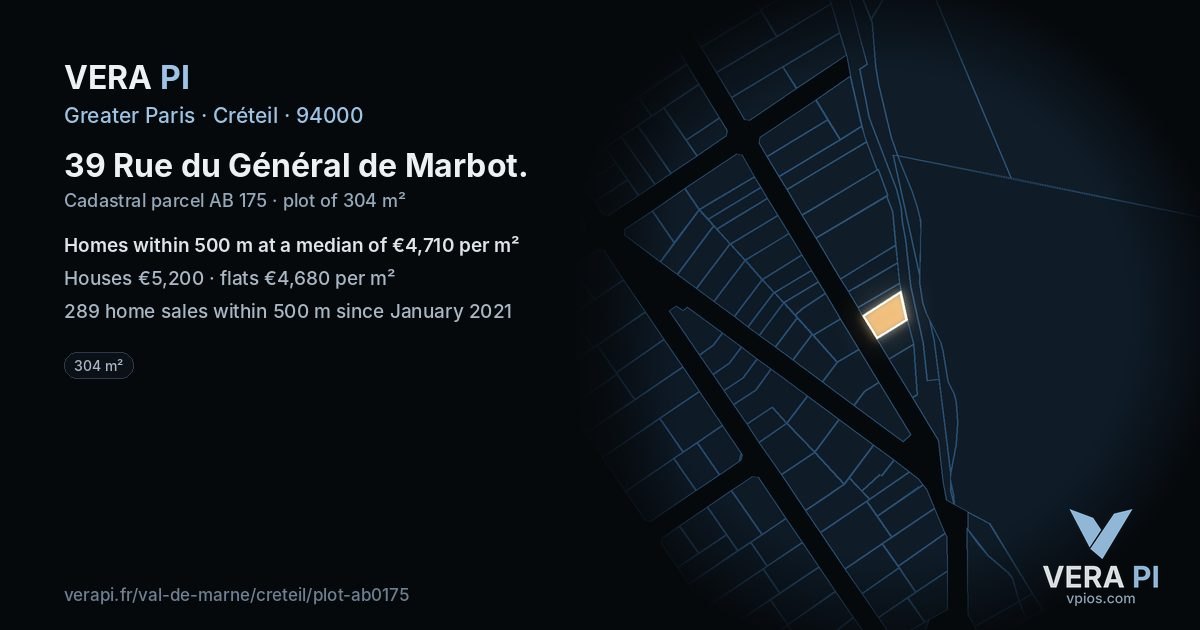 39 Rue du Général de Marbot, Créteil at night – the plot lit, the parcels around coloured by the prices near them