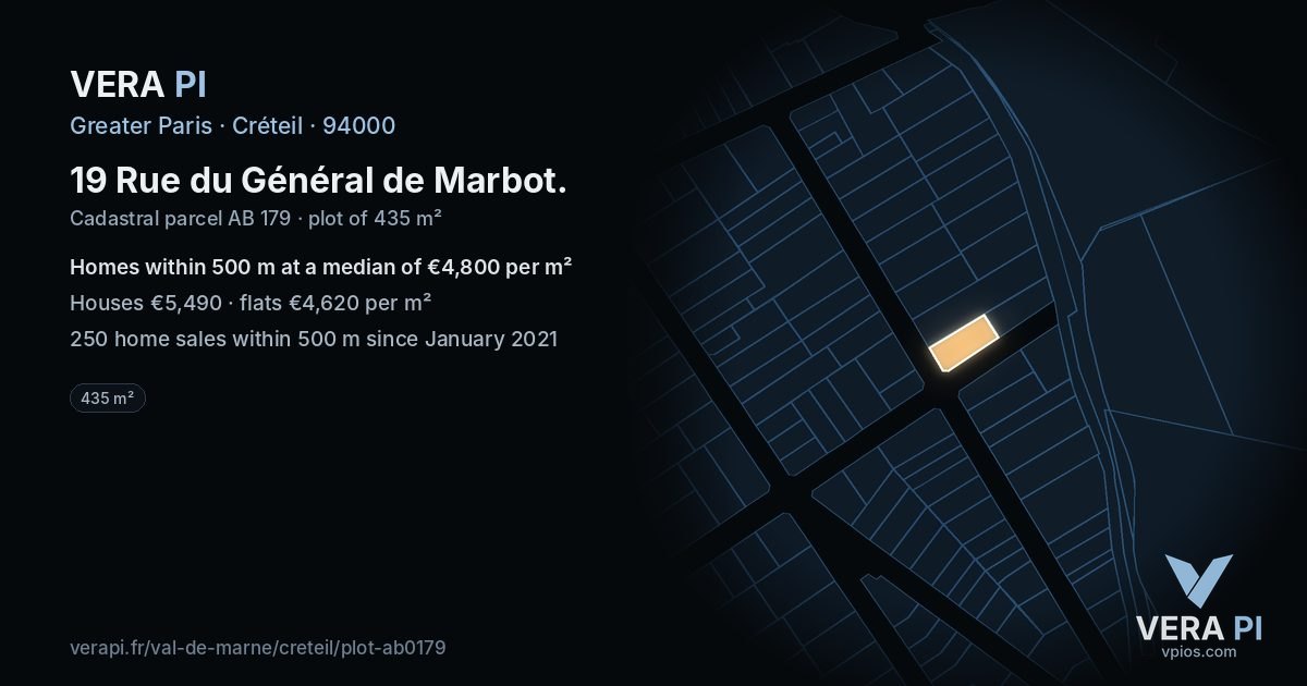 19 Rue du Général de Marbot, Créteil at night – the plot lit, the parcels around coloured by the prices near them