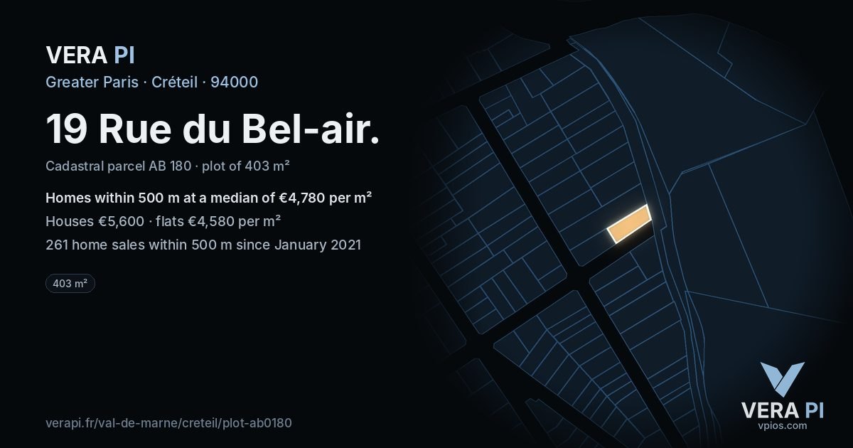 19 Rue du Bel-air, Créteil at night – the plot lit, the parcels around coloured by the prices near them