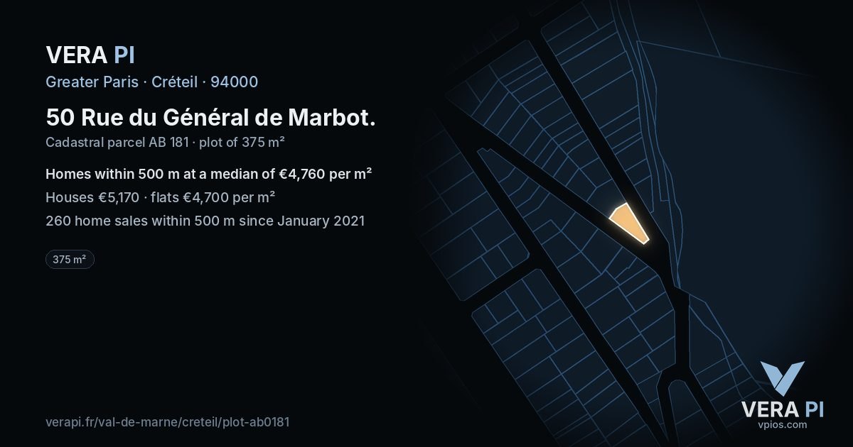 50 Rue du Général de Marbot, Créteil at night – the plot lit, the parcels around coloured by the prices near them