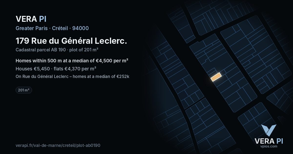 179 Rue du Général Leclerc, Créteil at night – the plot lit, the parcels around coloured by the prices near them