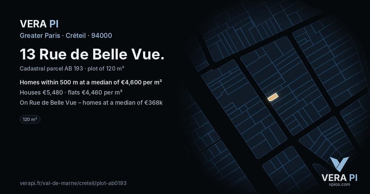 13 Rue de Belle Vue, Créteil at night – the plot lit, the parcels around coloured by the prices near them