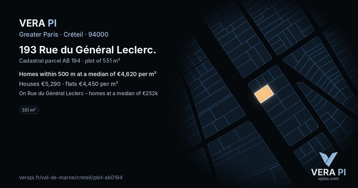 193 Rue du Général Leclerc, Créteil at night – the plot lit, the parcels around coloured by the prices near them