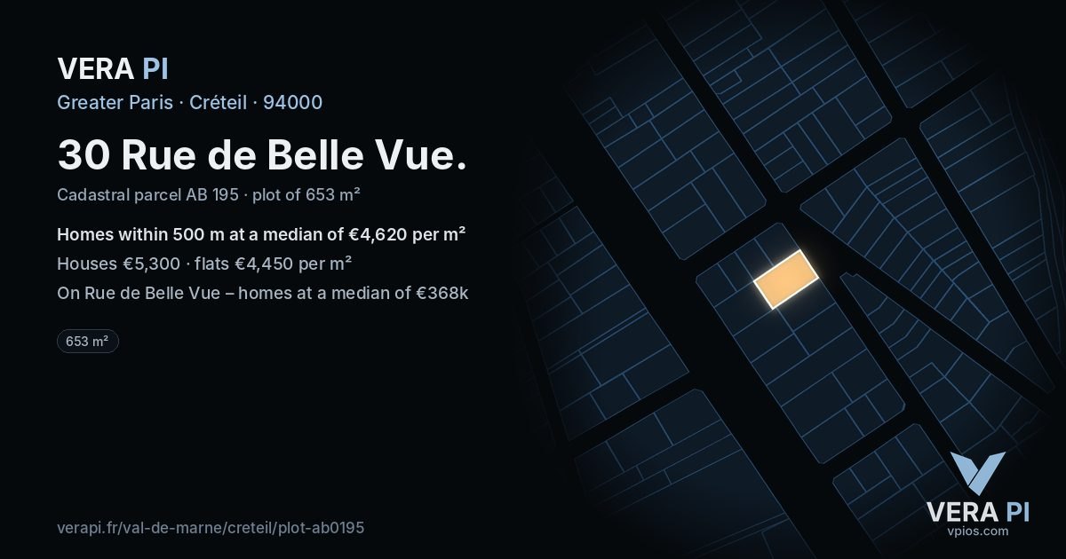 30 Rue de Belle Vue, Créteil at night – the plot lit, the parcels around coloured by the prices near them