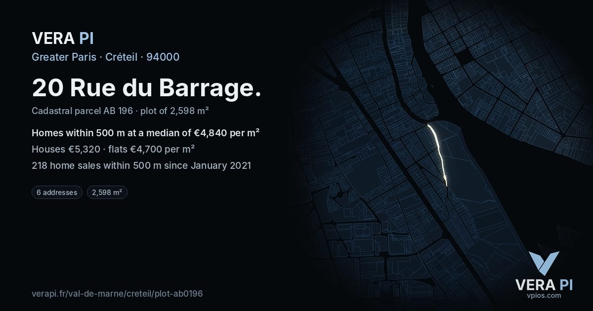 20 Rue du Barrage, Créteil at night – the plot lit, the parcels around coloured by the prices near them
