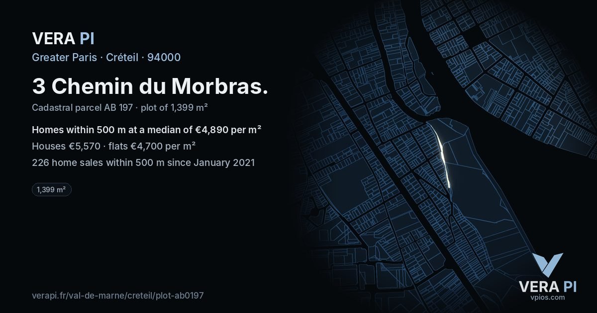 3 Chemin du Morbras, Créteil at night – the plot lit, the parcels around coloured by the prices near them