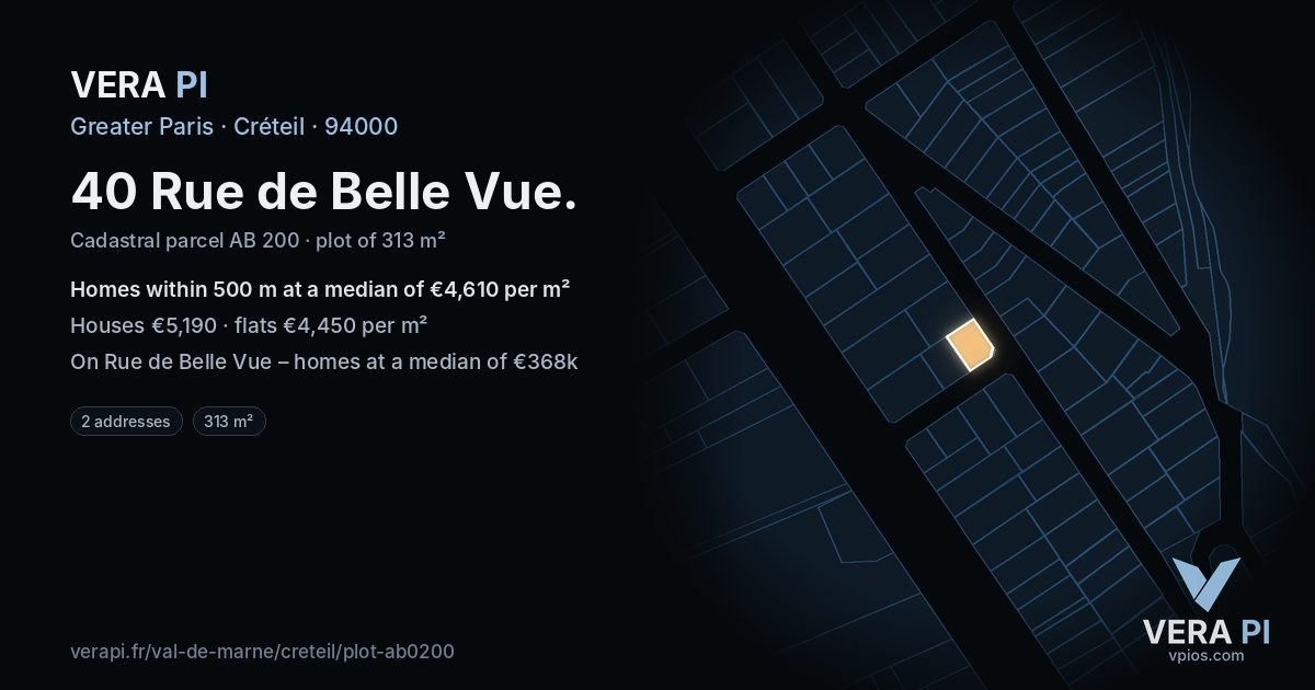 40 Rue de Belle Vue, Créteil at night – the plot lit, the parcels around coloured by the prices near them