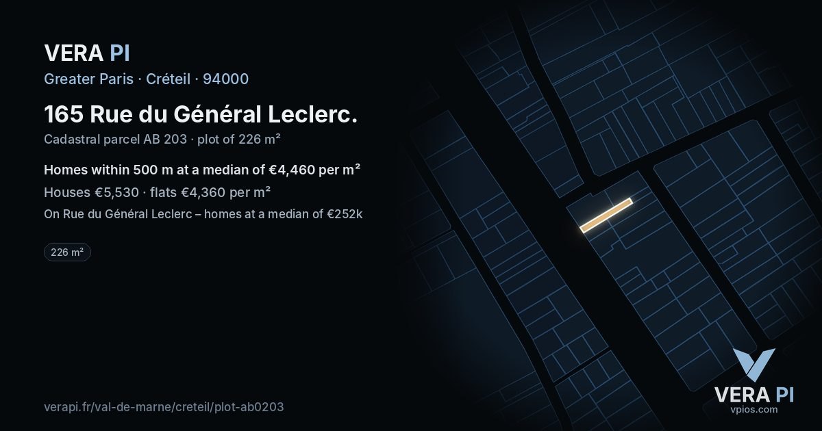 165 Rue du Général Leclerc, Créteil at night – the plot lit, the parcels around coloured by the prices near them