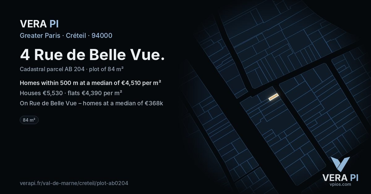 4 Rue de Belle Vue, Créteil at night – the plot lit, the parcels around coloured by the prices near them