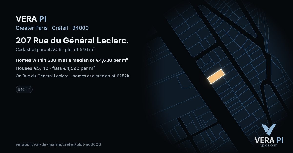 207 Rue du Général Leclerc, Créteil at night – the plot lit, the parcels around coloured by the prices near them