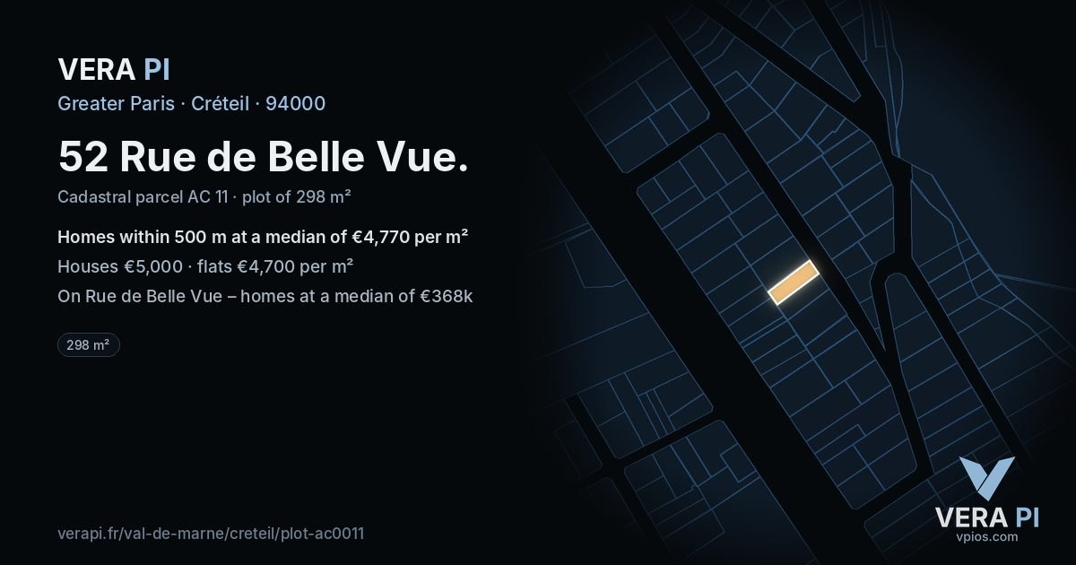 52 Rue de Belle Vue, Créteil at night – the plot lit, the parcels around coloured by the prices near them