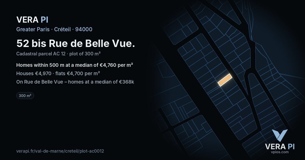 52 bis Rue de Belle Vue, Créteil at night – the plot lit, the parcels around coloured by the prices near them