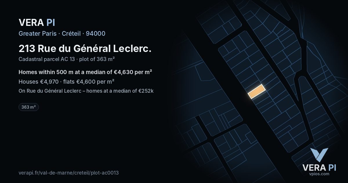 213 Rue du Général Leclerc, Créteil at night – the plot lit, the parcels around coloured by the prices near them