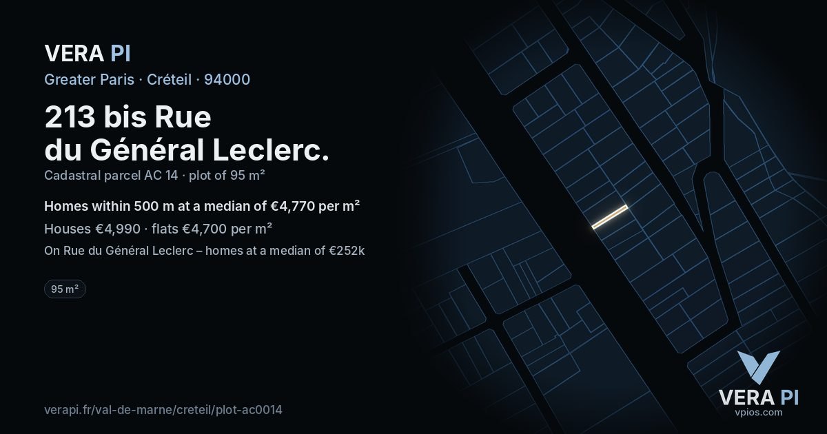 213 bis Rue du Général Leclerc, Créteil at night – the plot lit, the parcels around coloured by the prices near them