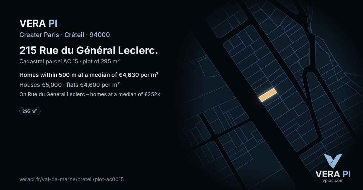 215 Rue du Général Leclerc, Créteil at night – the plot lit, the parcels around coloured by the prices near them