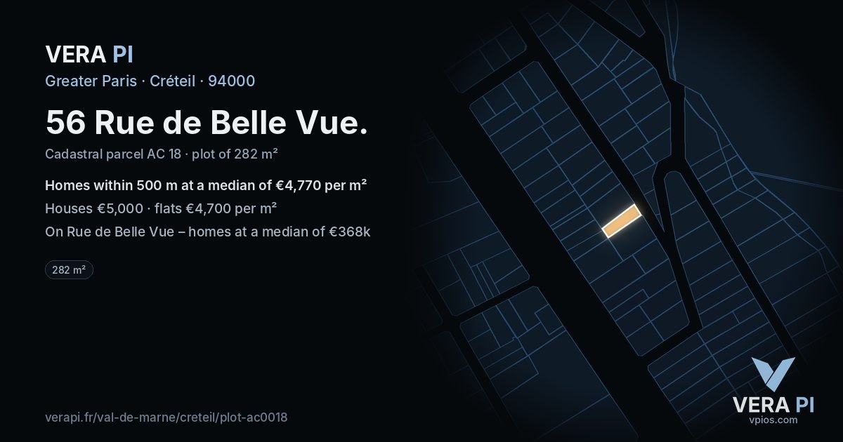 56 Rue de Belle Vue, Créteil at night – the plot lit, the parcels around coloured by the prices near them