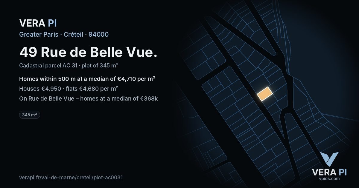 49 Rue de Belle Vue, Créteil at night – the plot lit, the parcels around coloured by the prices near them