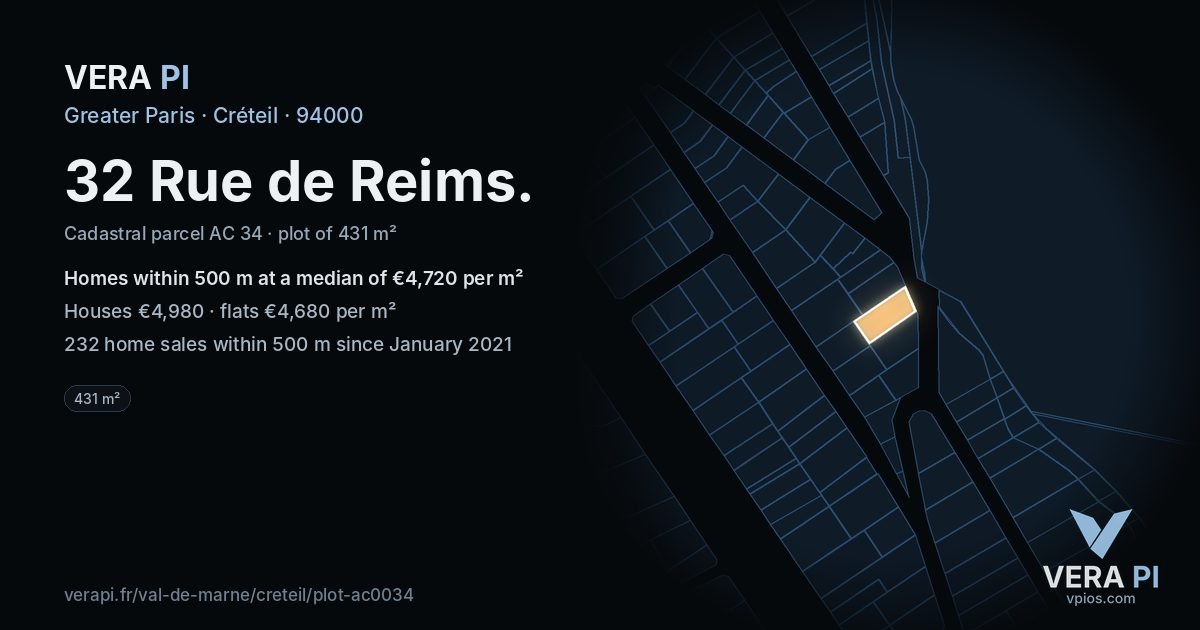 32 Rue de Reims, Créteil at night – the plot lit, the parcels around coloured by the prices near them