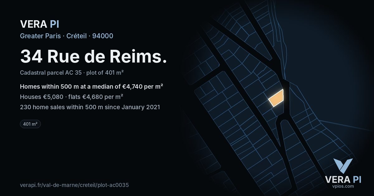 34 Rue de Reims, Créteil at night – the plot lit, the parcels around coloured by the prices near them