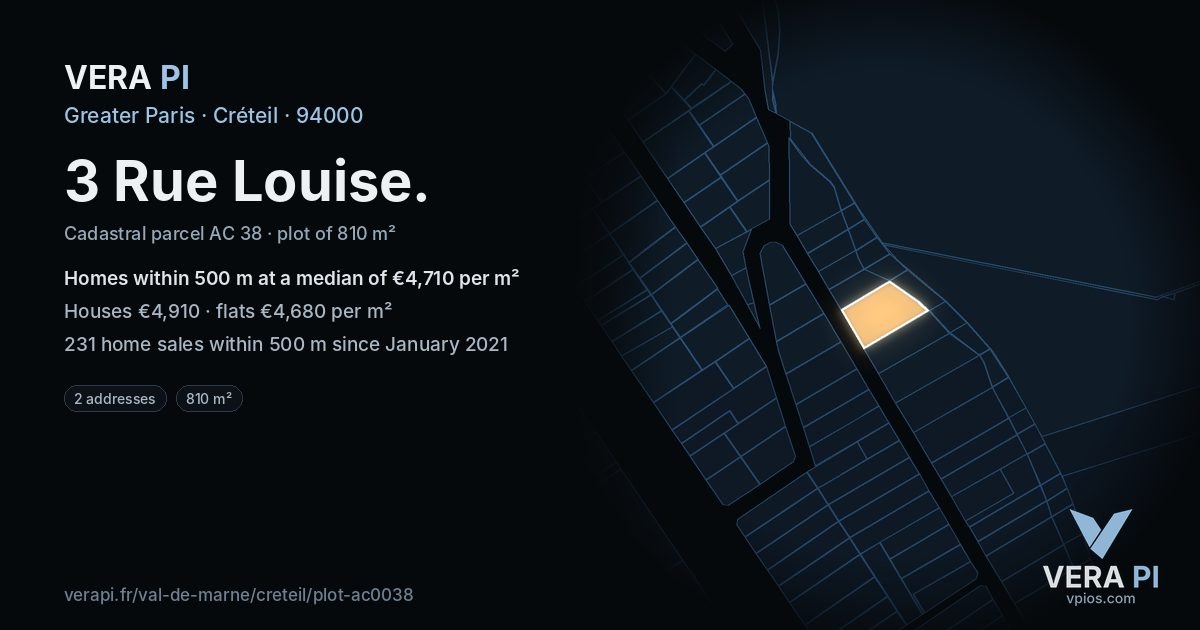 3 Rue Louise, Créteil at night – the plot lit, the parcels around coloured by the prices near them