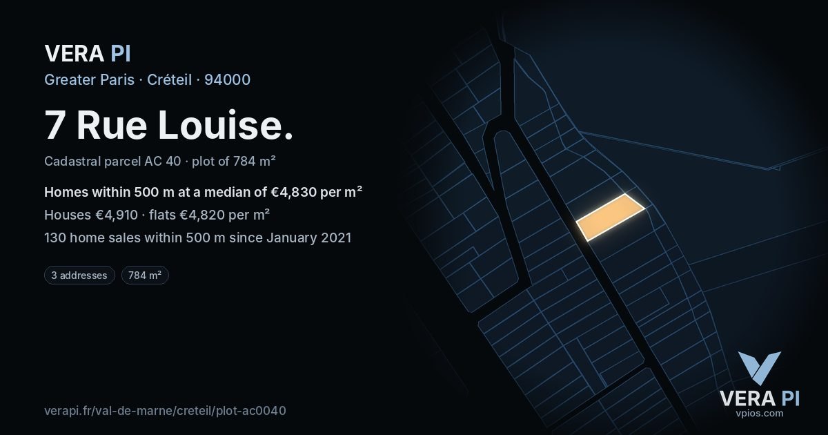 7 Rue Louise, Créteil at night – the plot lit, the parcels around coloured by the prices near them
