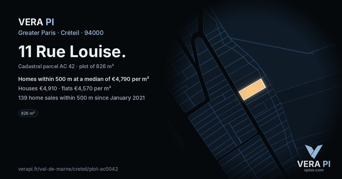 11 Rue Louise, Créteil at night – the plot lit, the parcels around coloured by the prices near them