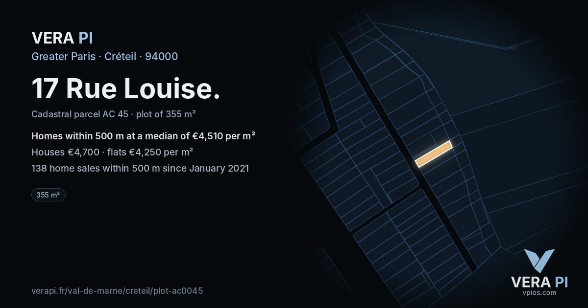 17 Rue Louise, Créteil at night – the plot lit, the parcels around coloured by the prices near them