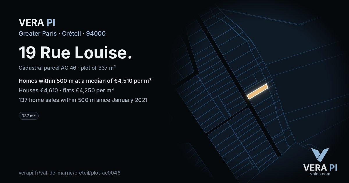 19 Rue Louise, Créteil at night – the plot lit, the parcels around coloured by the prices near them