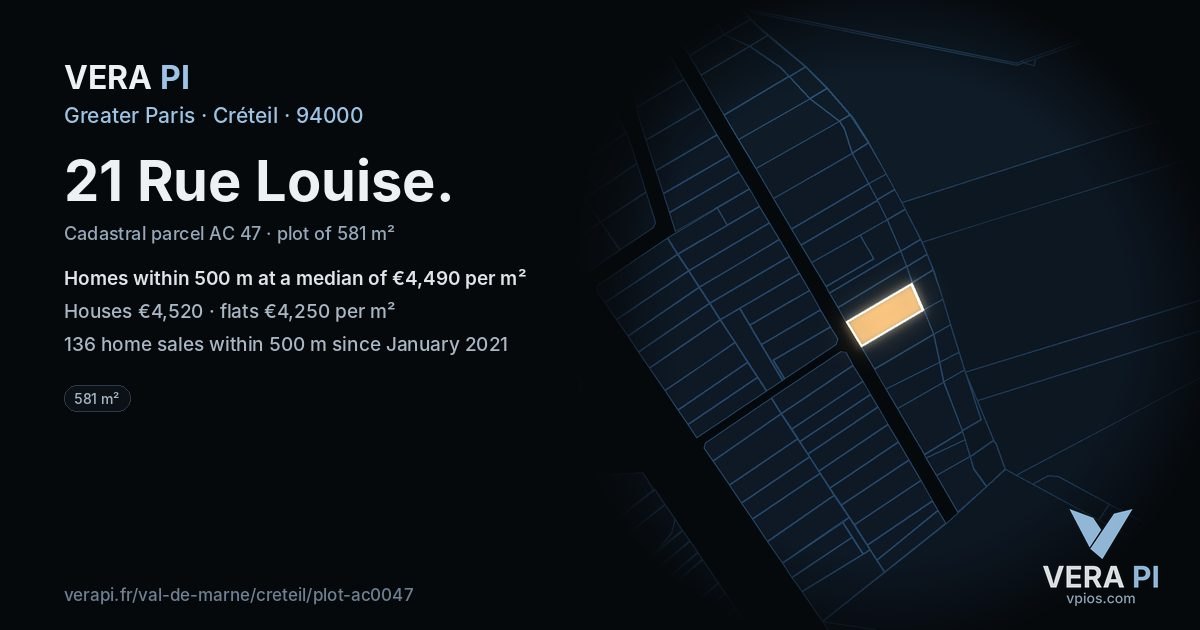 21 Rue Louise, Créteil at night – the plot lit, the parcels around coloured by the prices near them