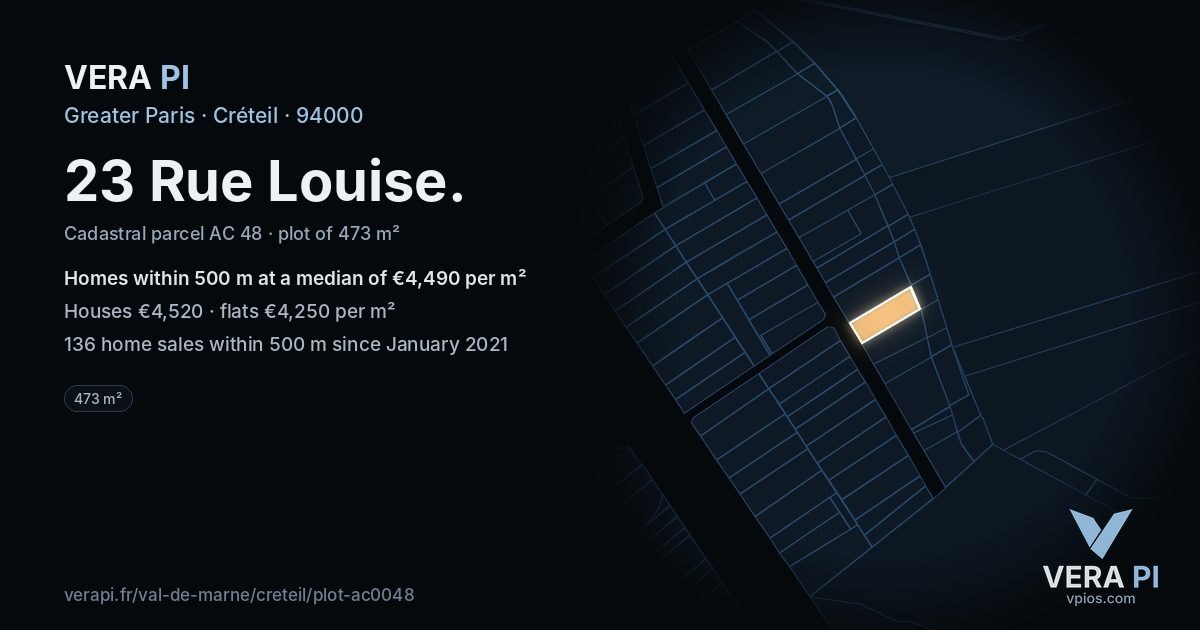 23 Rue Louise, Créteil at night – the plot lit, the parcels around coloured by the prices near them