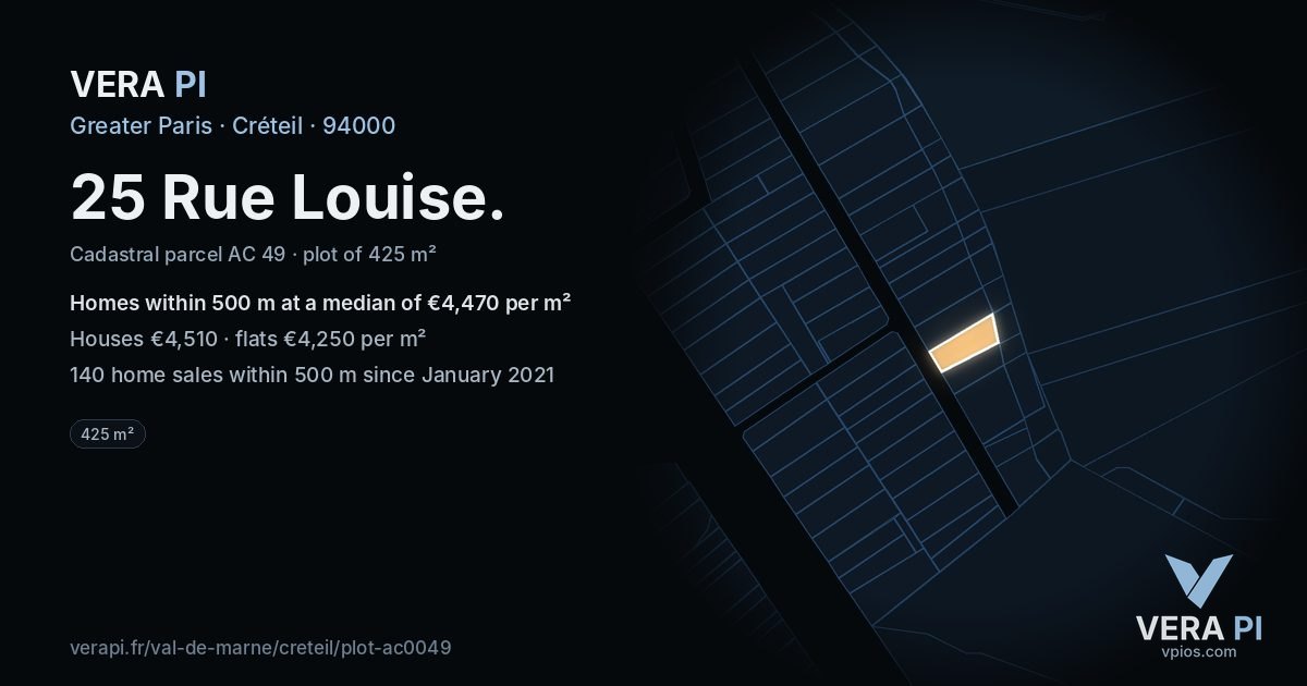 25 Rue Louise, Créteil at night – the plot lit, the parcels around coloured by the prices near them