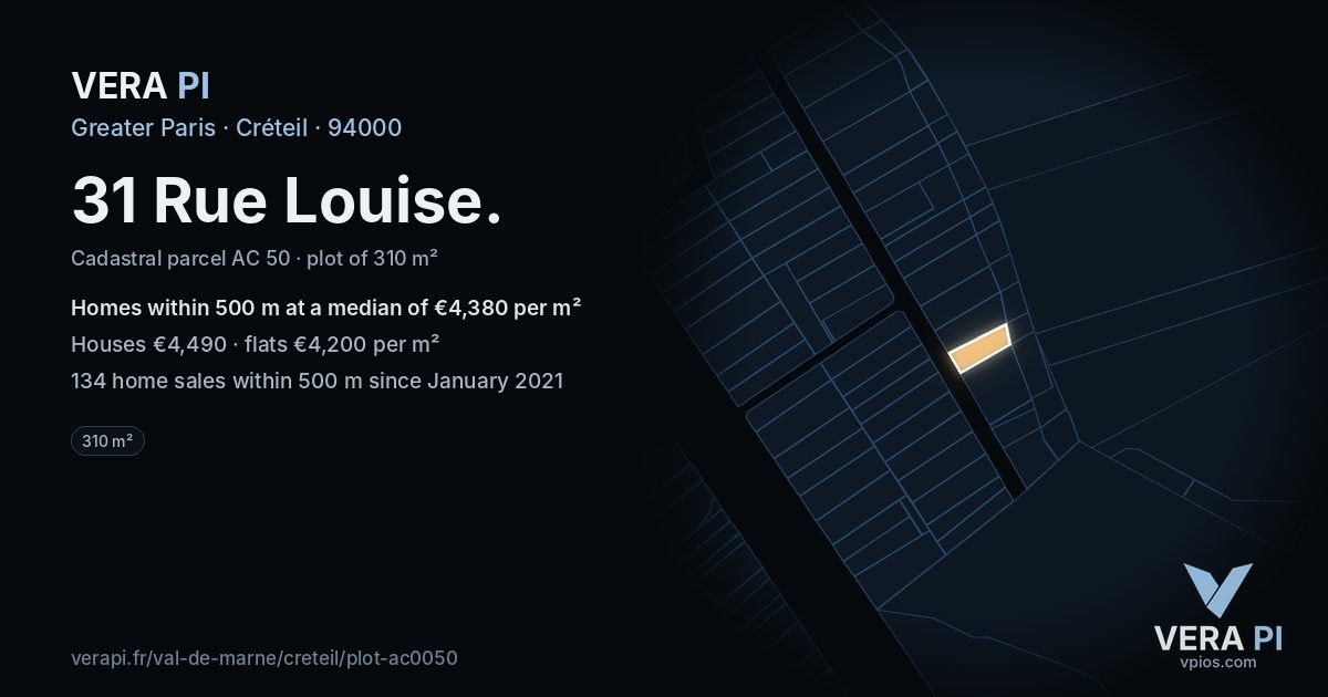 31 Rue Louise, Créteil at night – the plot lit, the parcels around coloured by the prices near them