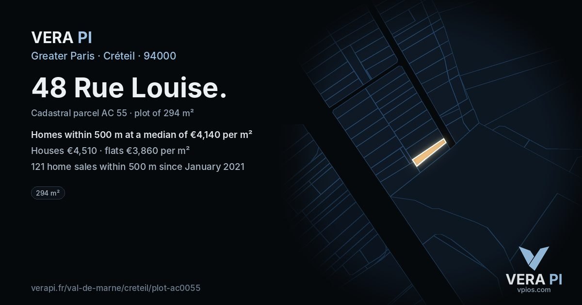 48 Rue Louise, Créteil at night – the plot lit, the parcels around coloured by the prices near them
