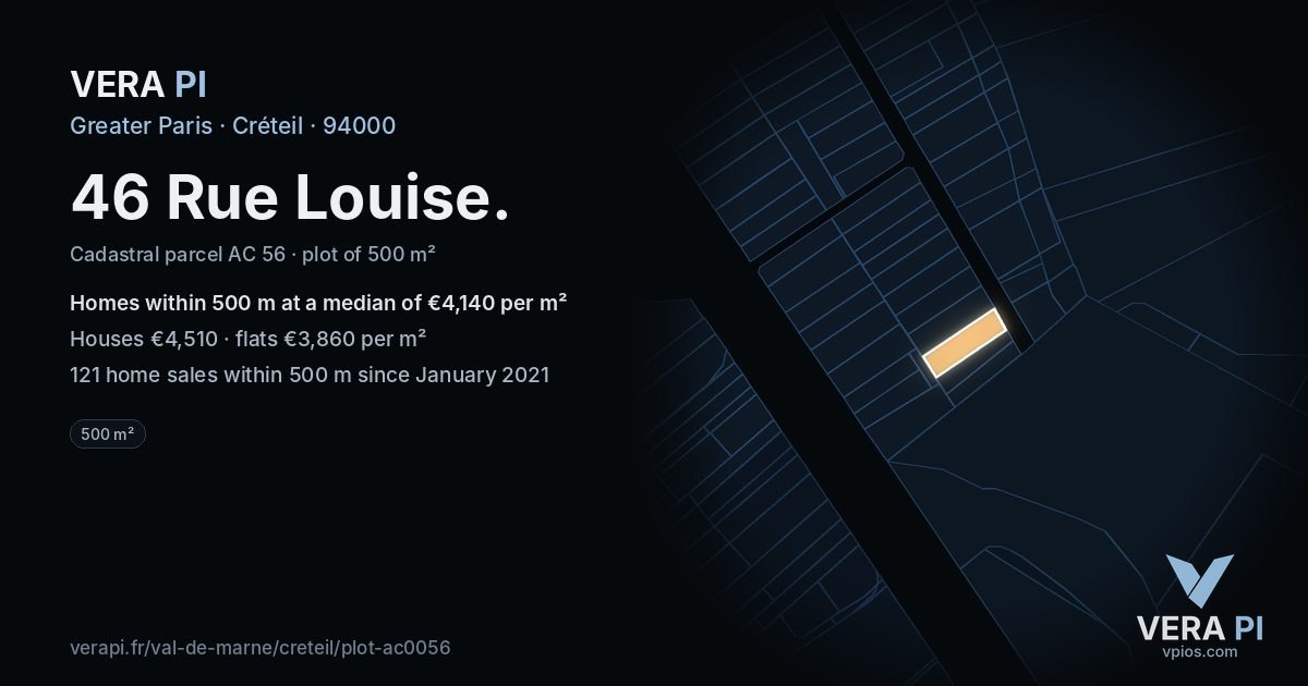 46 Rue Louise, Créteil at night – the plot lit, the parcels around coloured by the prices near them