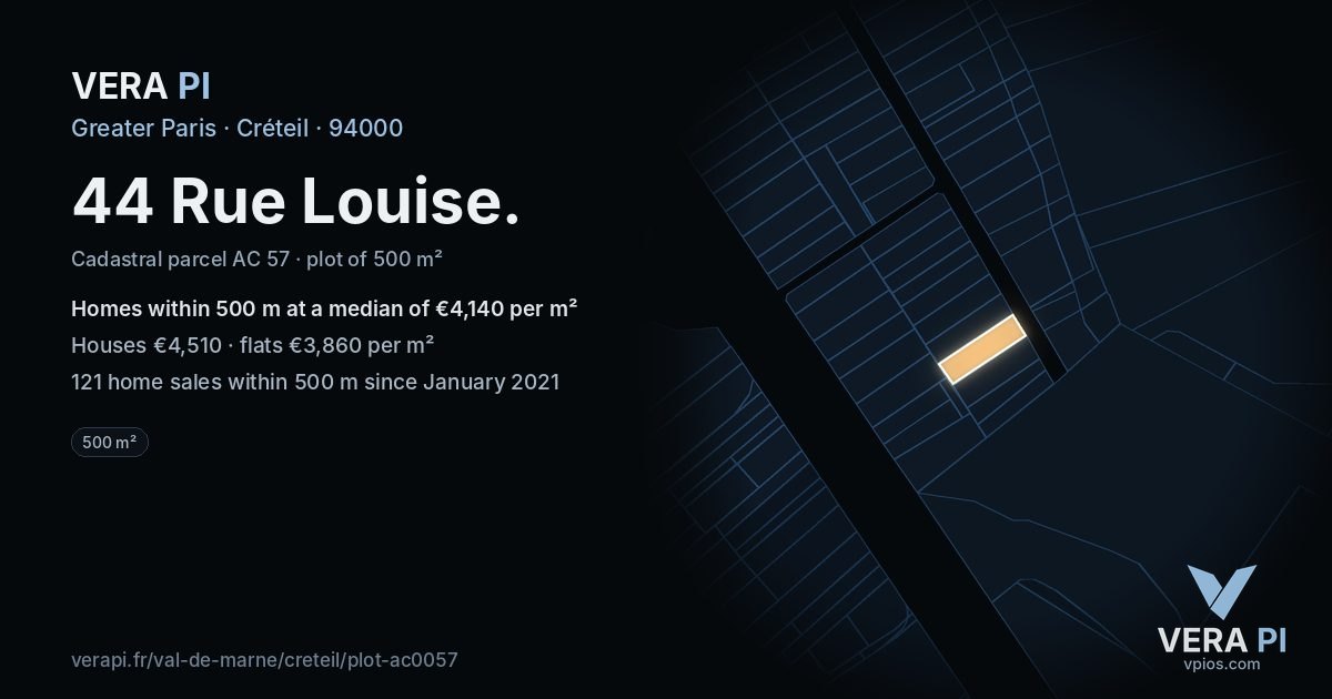 44 Rue Louise, Créteil at night – the plot lit, the parcels around coloured by the prices near them