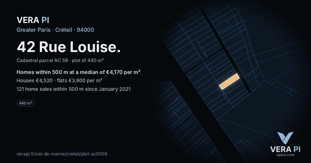 42 Rue Louise, Créteil at night – the plot lit, the parcels around coloured by the prices near them