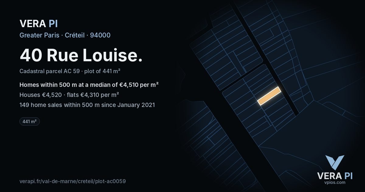 40 Rue Louise, Créteil at night – the plot lit, the parcels around coloured by the prices near them