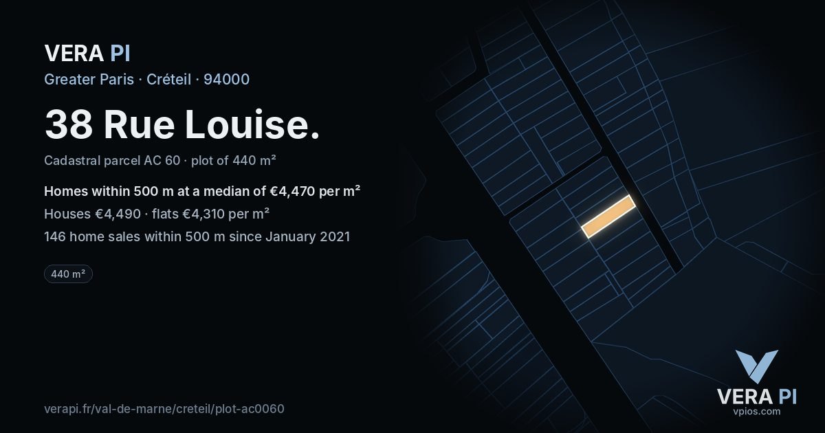 38 Rue Louise, Créteil at night – the plot lit, the parcels around coloured by the prices near them