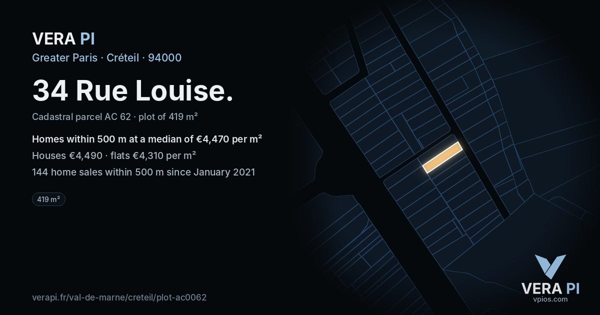 34 Rue Louise, Créteil at night – the plot lit, the parcels around coloured by the prices near them
